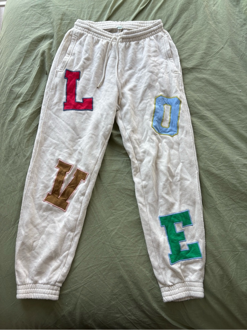 Aerie Cream Sweatpants with Colorful 'LOVE' Appliqués